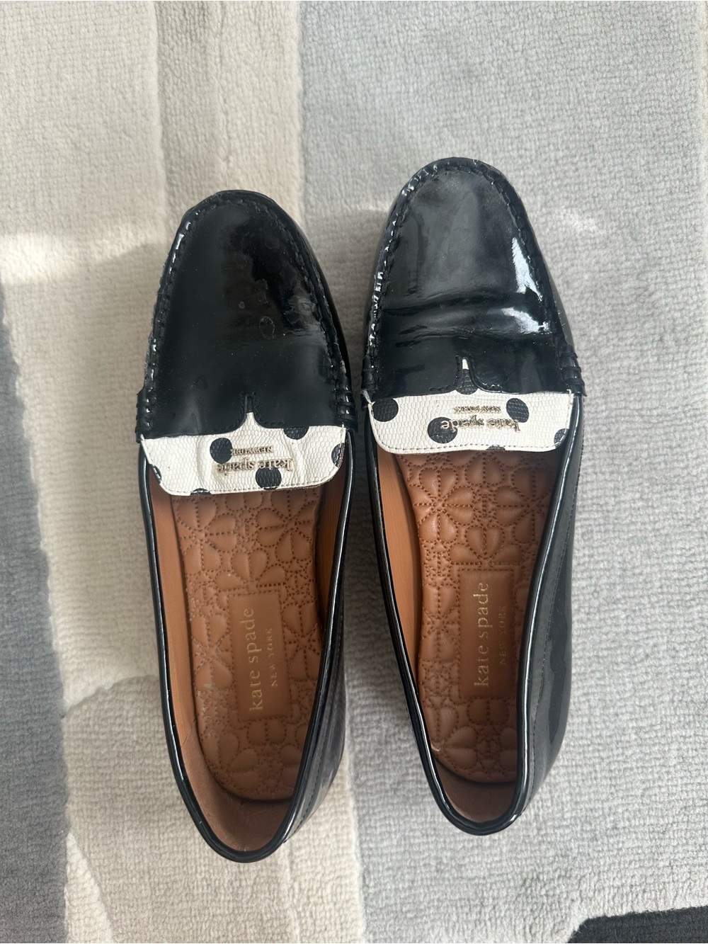 Kate Spade Loafers -Black Leather with Polka Dot Design and Gold Detail-Size 7